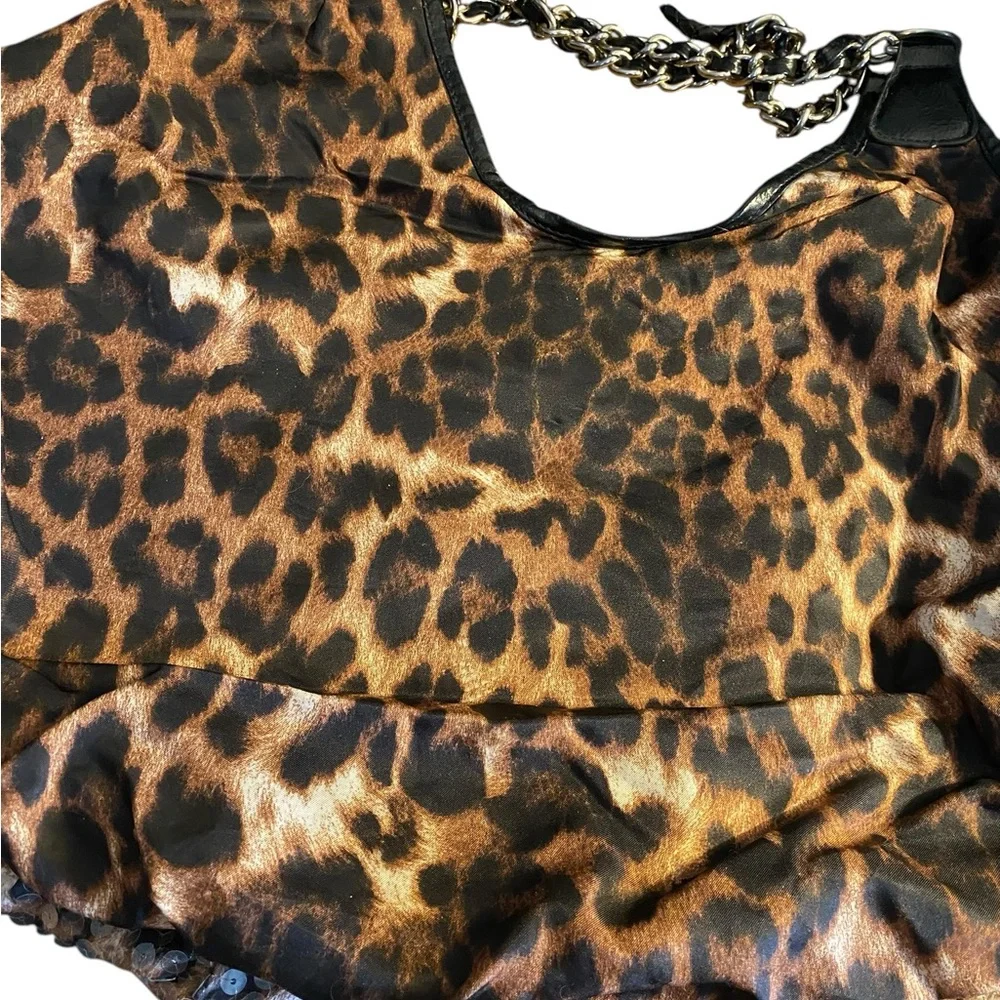 Leopard Print Women's tote XL y2k shoulder bag sequin’s side heavy chain straps - Picture 9 of 12
